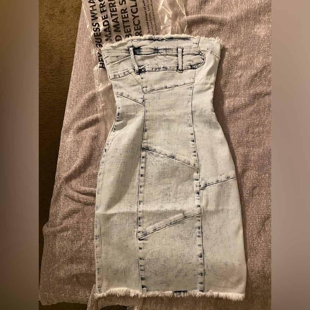 Stretch Washed Denim Strapless Dress